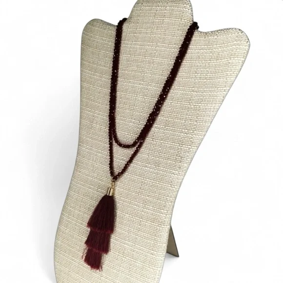 Garnet Red Faceted Crystal Necklace w/ Layered Tassels – 36” Long - Picture 4 of 15
